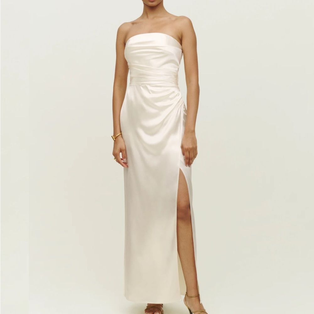 Cream Strapless Ruched Gown with Slit